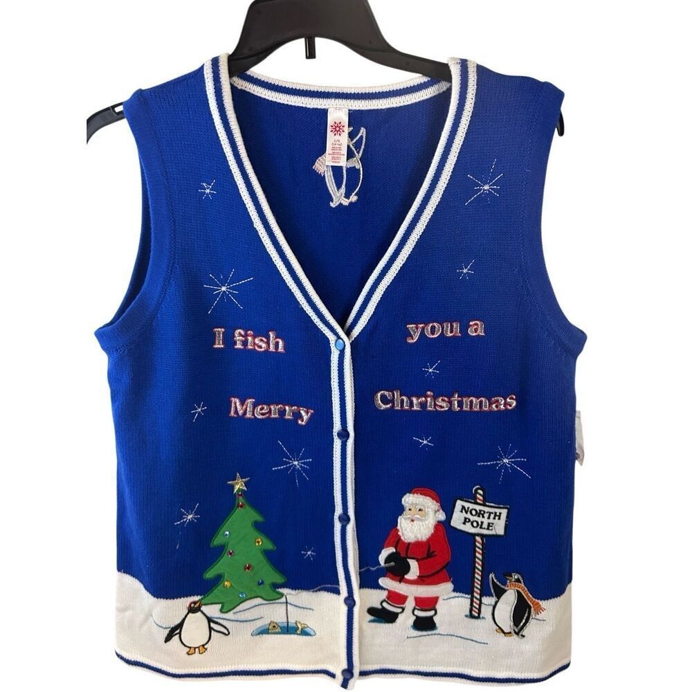 Christmas vest large‎ buttons new "I Fish you a Merry Christmas" rn#73352 new